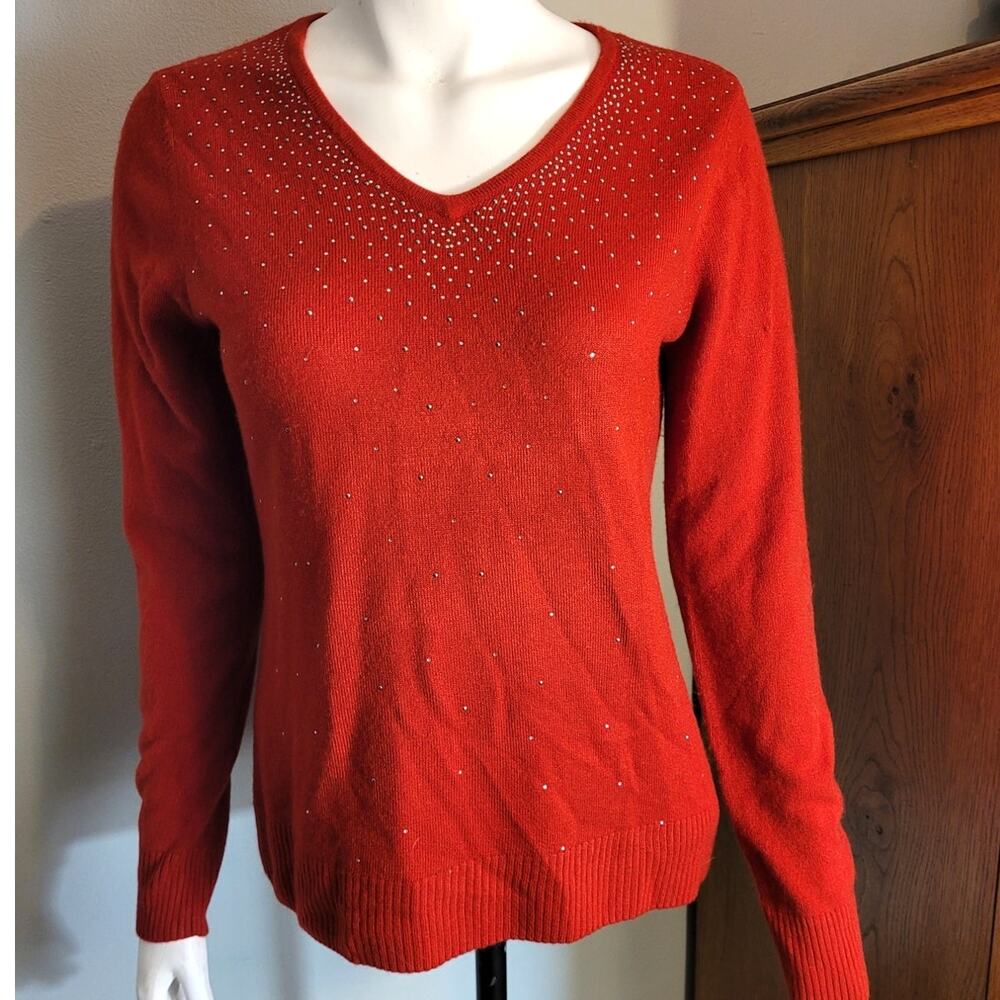 Karen Scott Red Soft Knit Rhinestone Sweater Cozy Glam Y2K Mallcore Medium